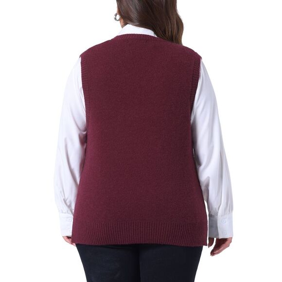 Plus Size V Neck Striped Knit Casual Pullover Sweater Vests Burgundy - Picture 4 of 6